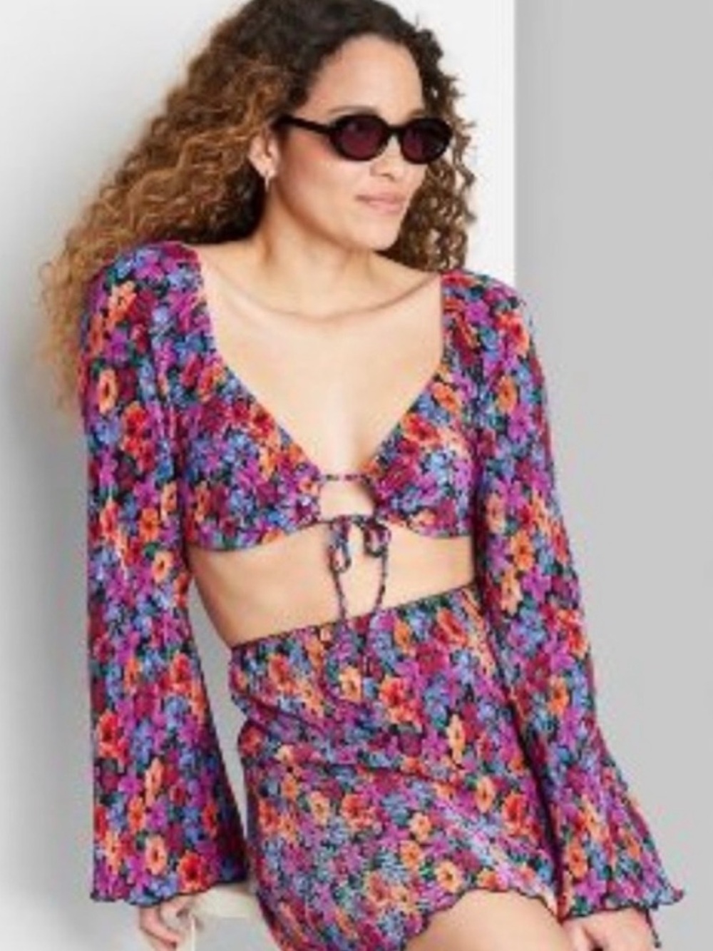 Wild Fable Multicolored Floral Pleated Crop Top & Mini Skirt Set Women’s Large